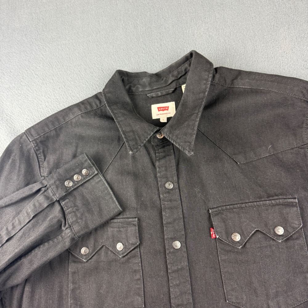 Levis Black Denim Shirt Men's L Sawtooth Western Cowboy Y2K Rodeo Snap Red Tab